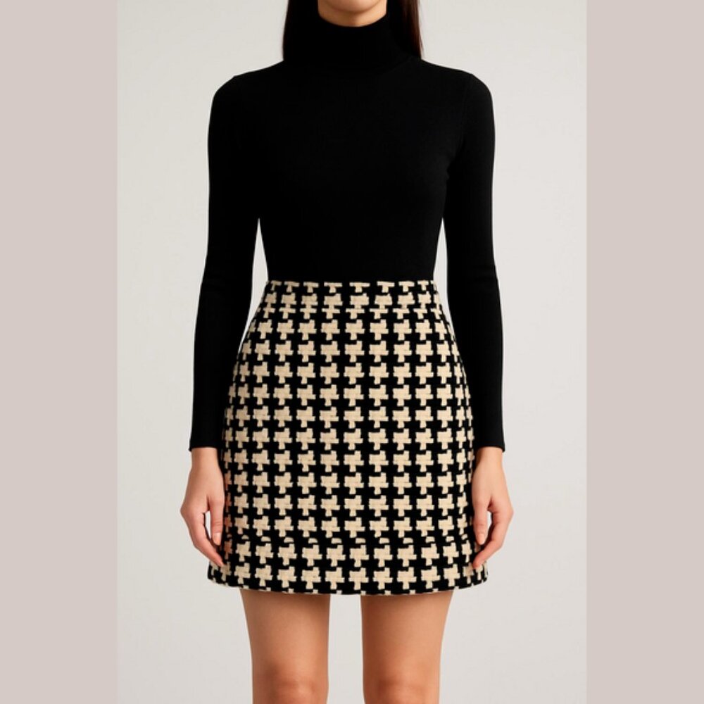 Club Monaco Skirt Womens Size 2 White Black Houndstooth Wool Blend